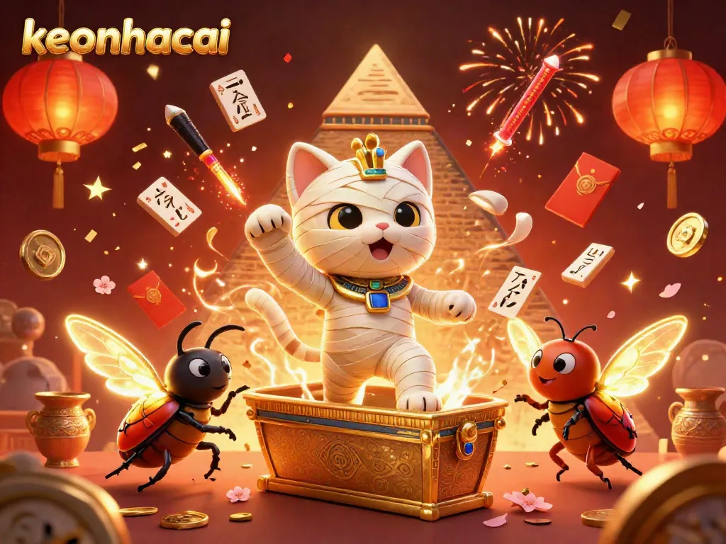 Experience thrilling action at keonhacai with an Egyptian mummy cat and vibrant casino elements.