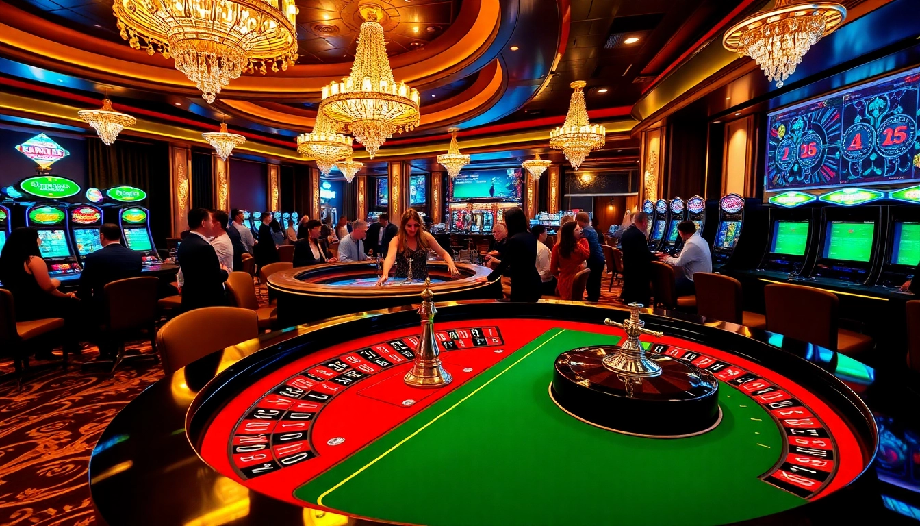 Engaging gamblers at a luxurious casino atmosphere related to https://888vi.io/ with roulette and slots.