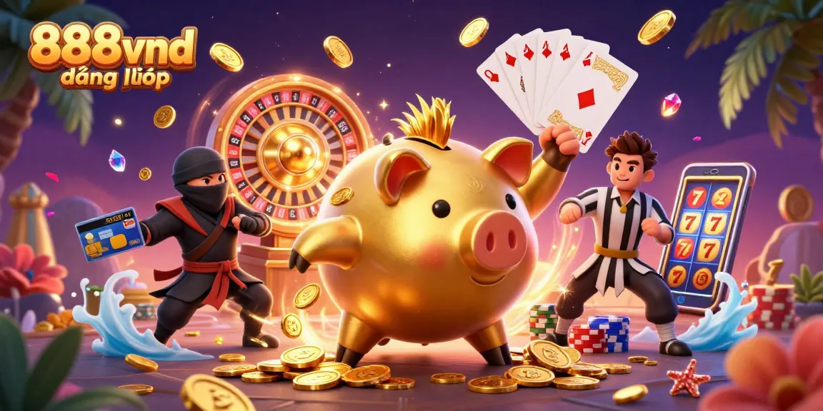 Experience the thrill of 888vnd đăng nhập with golden coins cascading around, showcasing exciting casino gameplay.