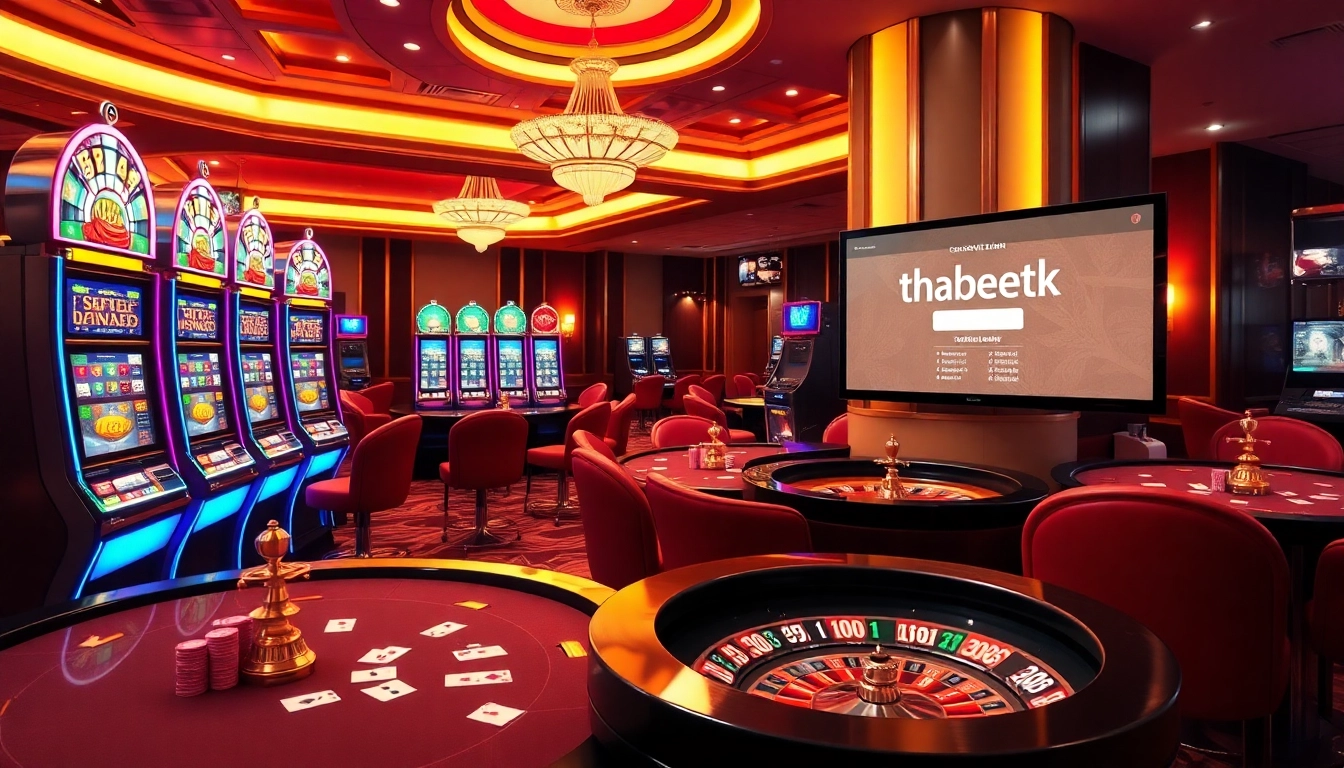 Play and win with thabet link at this luxurious casino environment showcasing various gambling games.