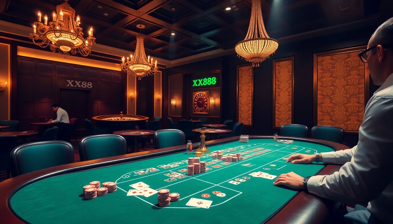 Exciting baccarat game at XX88 casino table with colorful chips and engaged players.