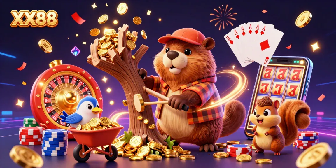 Celebrate wins at XX88 with vibrant casino elements and colorful gold coins flowing visually.